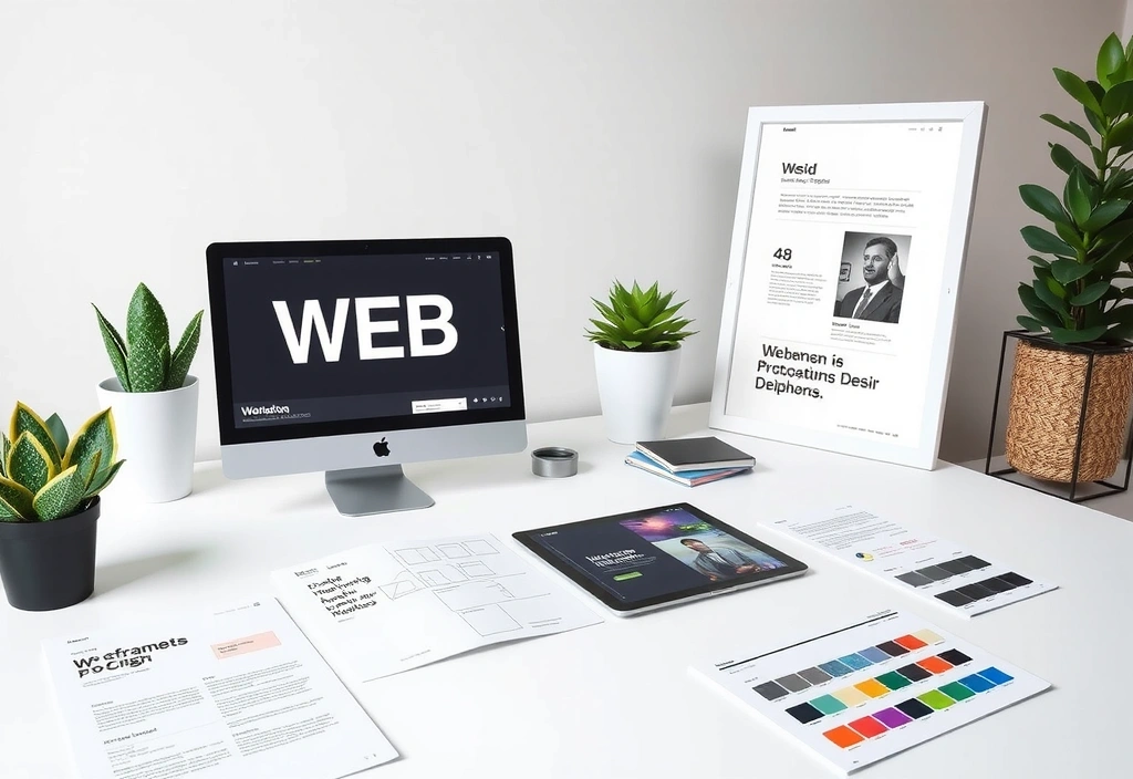 Clean modern workspace showing design process with wireframes and prototypes